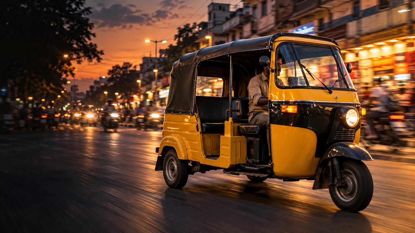 An auto-rickshaw moving through an Indian city